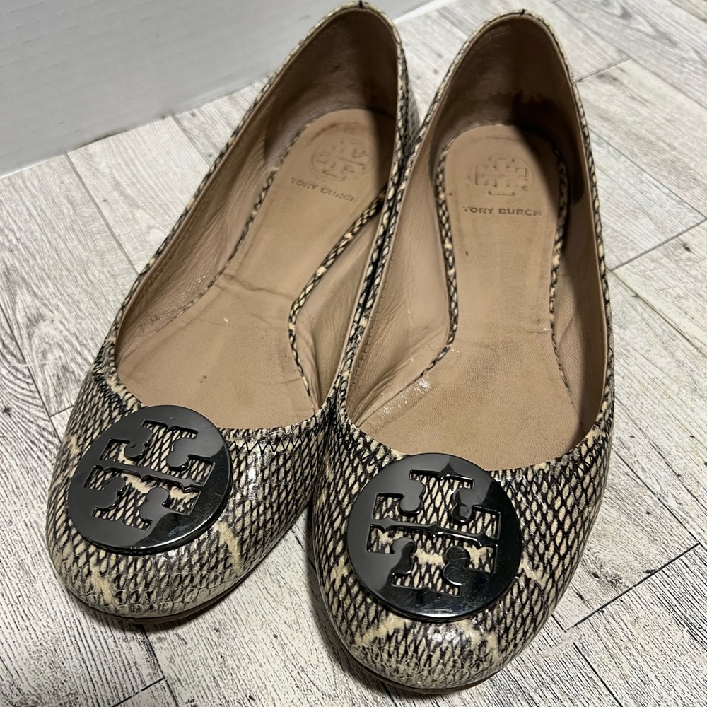Tory Burch Snakeskin Flats with Black Logo